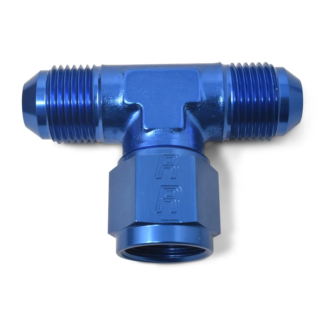 614304 – RUSSELL/EDEL Adapter Fitting, -4 AN Tee With Female AN On Side Anodized Blue Aluminum Single
